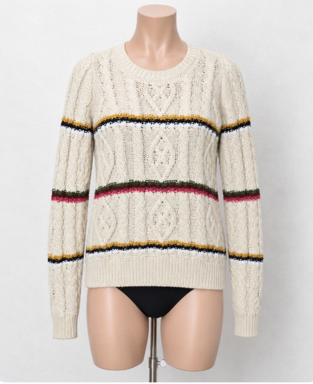 Veronica Beard Bruna Cream Black Multi Stripe Chunky Knit Long Sleeve Sweater M